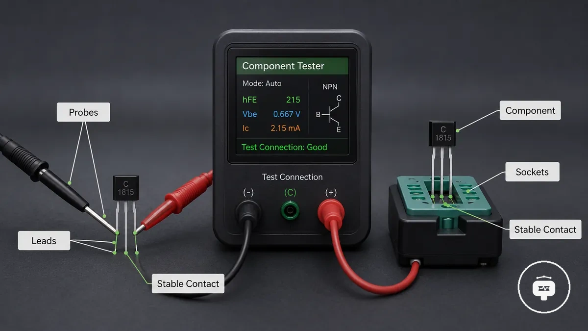 Testador de componentes eletrônicos com pontas de prova, cabos, soquetes e posicionamento correto do componente para uma conexão de teste