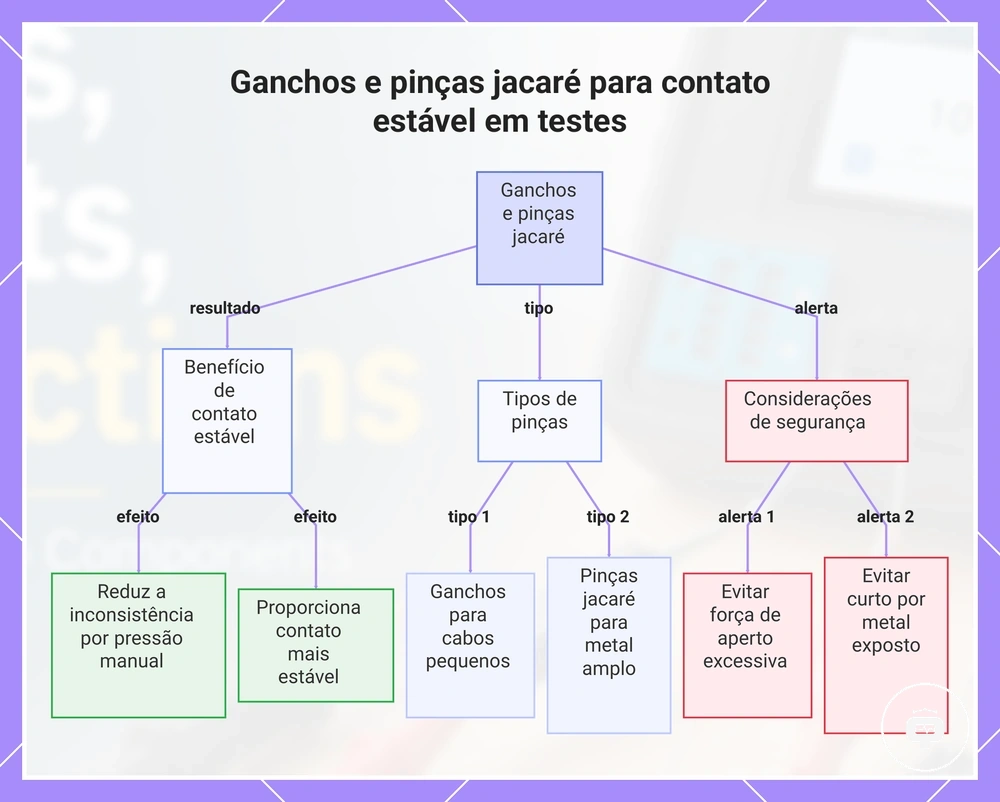 Ganchos e pinças jacaré para contato estável em testes