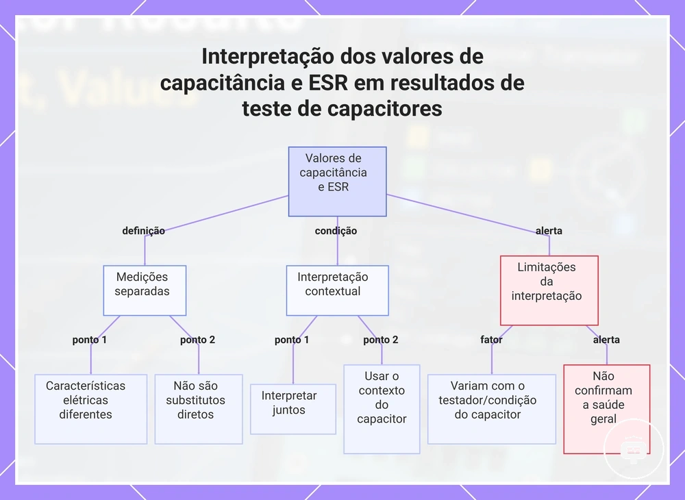 Interpretação dos valores de capacitância e ESR em resultados de teste de capacitores