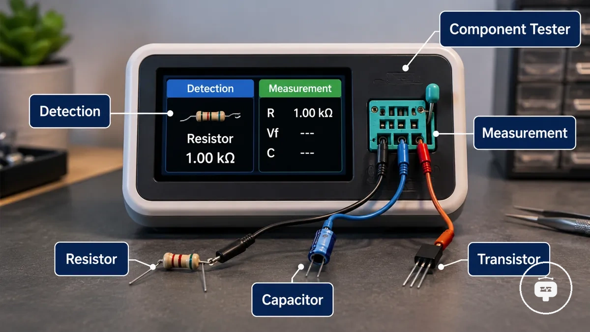 Testador de componentes eletrônicos exibindo valores de medição durante o teste de um componente