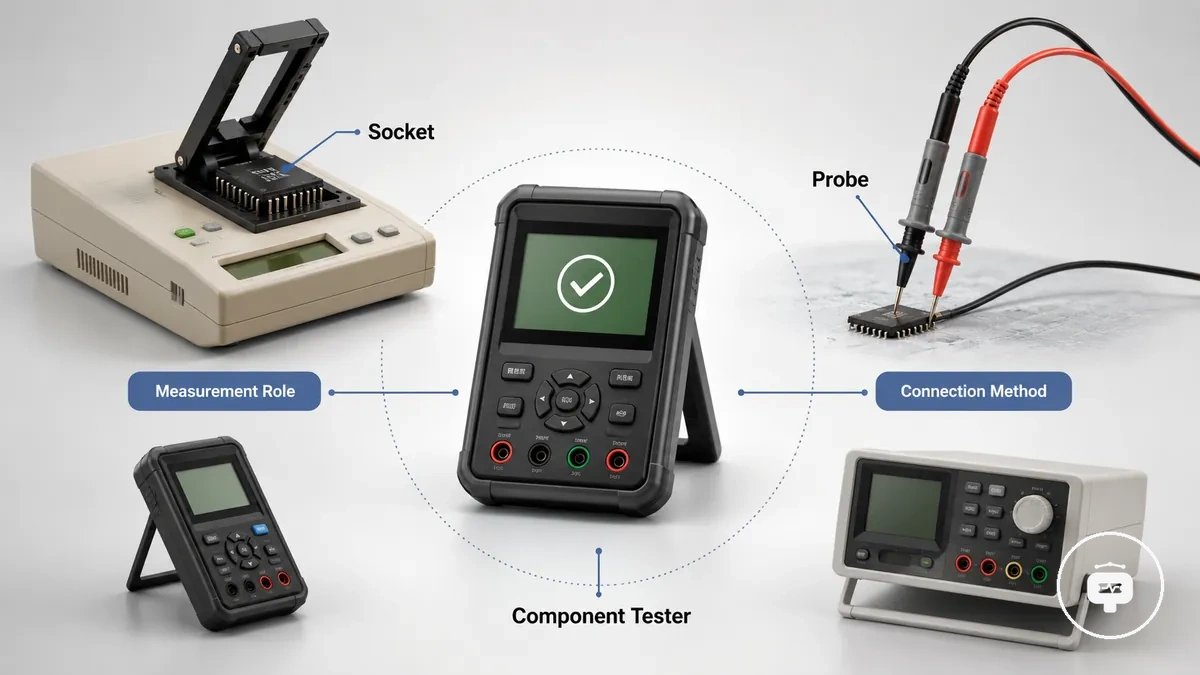 Tipos de testadores de componentes eletrônicos com métodos de conexão por soquete e sonda