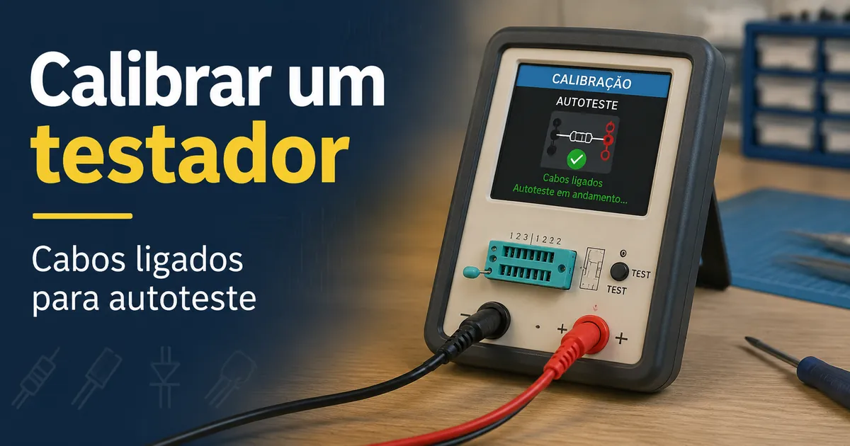 Testador de componentes eletrônicos em modo de calibração com cabos de teste conectados para autoteste