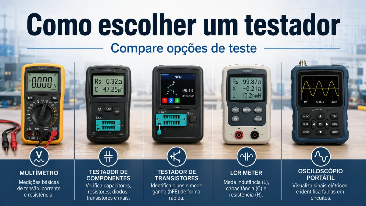 Vários testadores de componentes eletrônicos comparados lado a lado para escolher a ferramenta adequada
