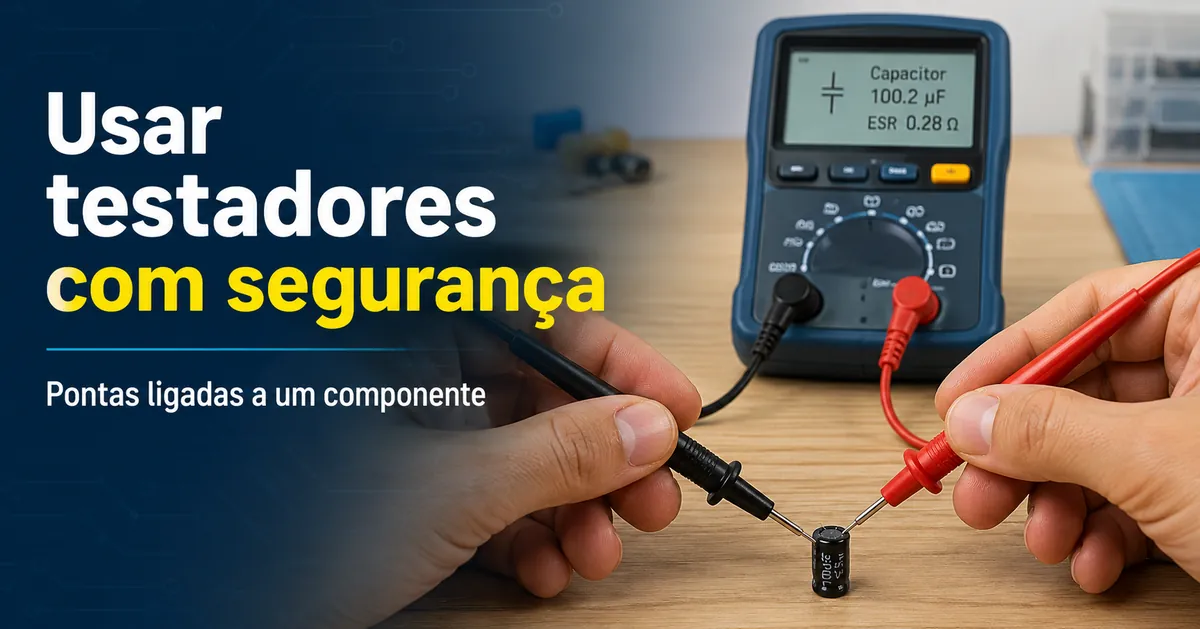 Mãos usando um testador de componentes eletrônicos com pontas de prova conectadas a um pequeno componente