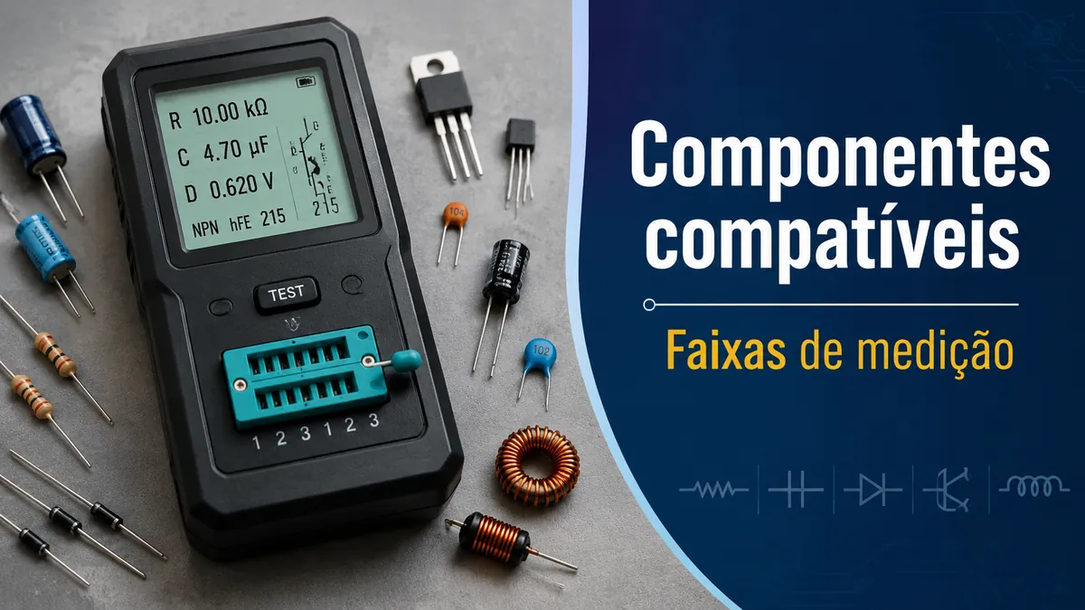 Testador de componentes eletrônicos com resistores, capacitores, diodos, transistores e indutores posicionados ao redor