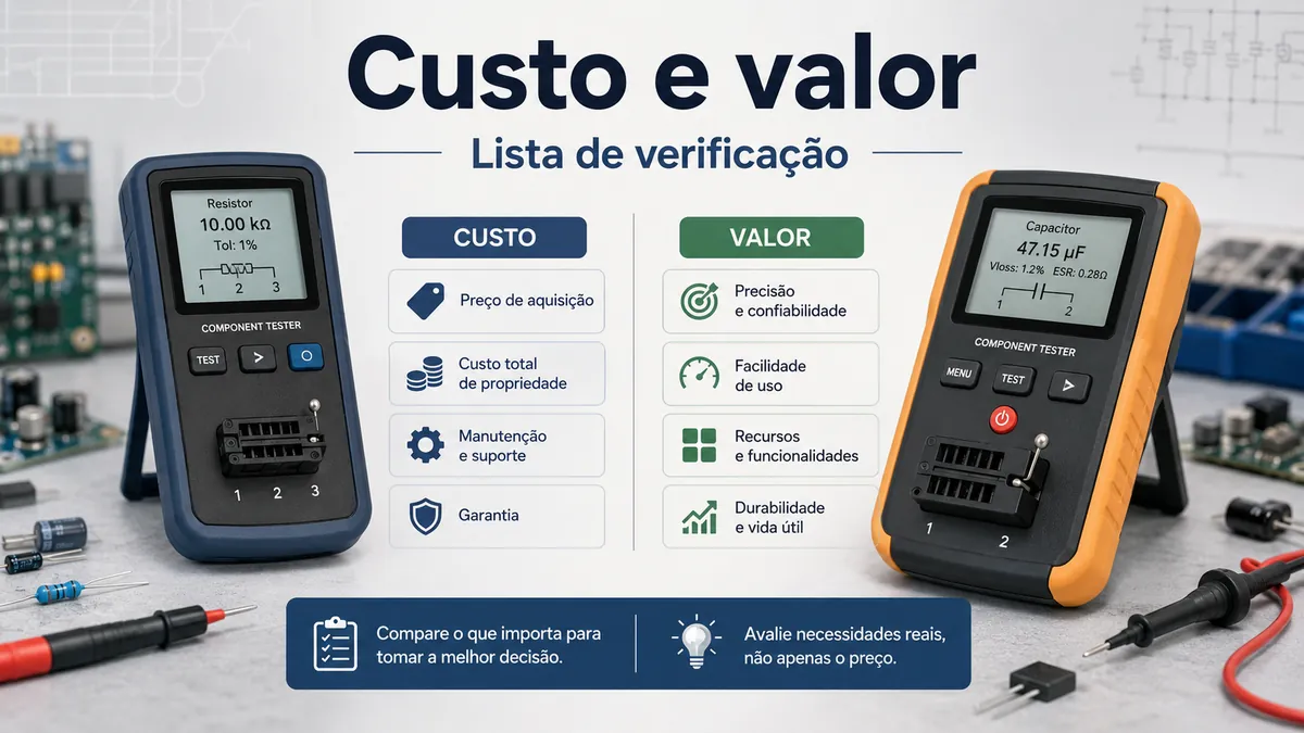 Testadores de componentes eletrônicos organizados com etiquetas de recursos para comparar custo e valor