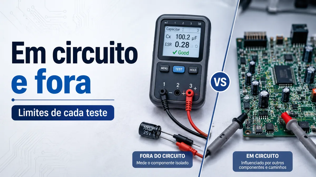 Testador de componentes eletrônicos conectado a um componente solto ao lado de uma placa de circuito para comparar testes