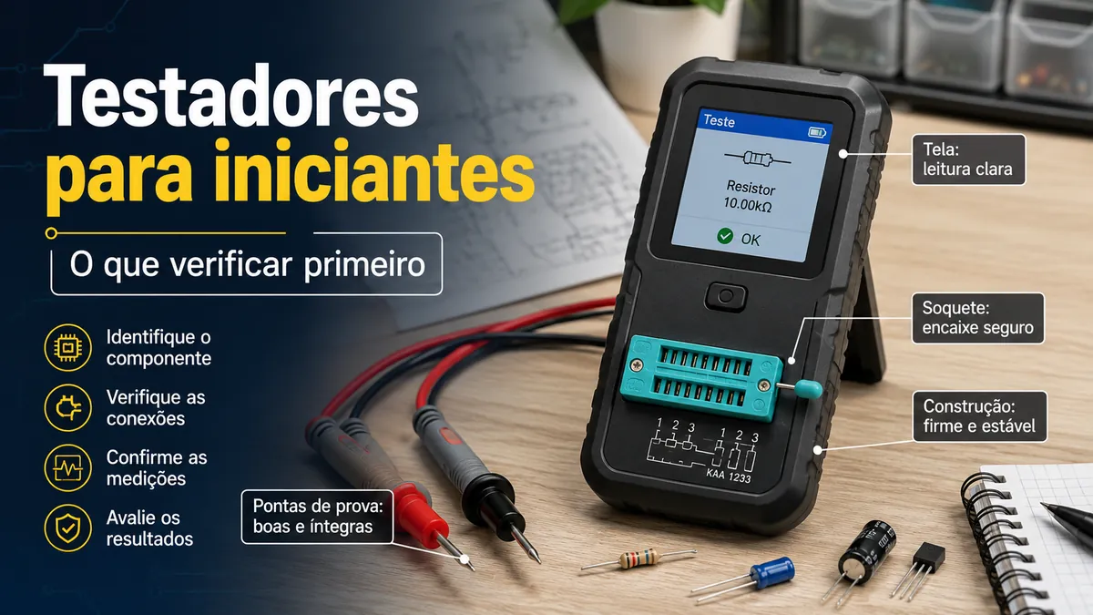 Testador de componentes eletrônicos para iniciantes com pontas de prova, soquete e tela identificados