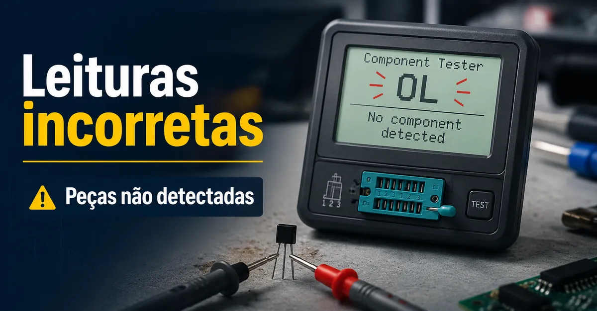 Testador de componentes eletrônicos mostrando uma leitura inesperada ao testar uma pequena peça eletrônica