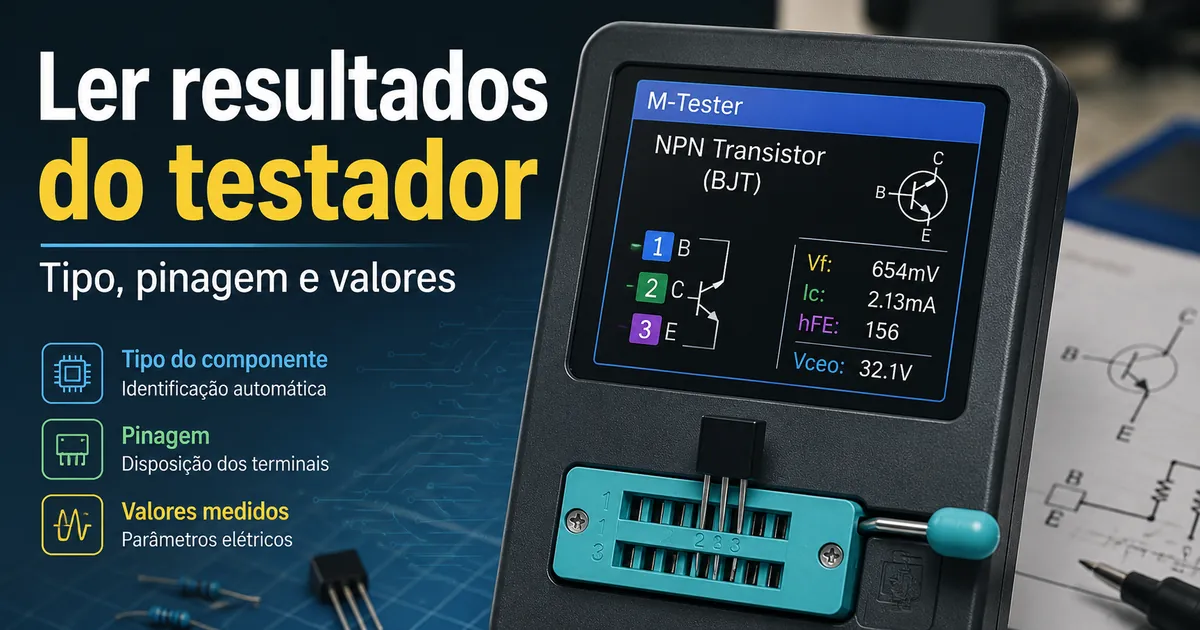 Tela de um testador de componentes eletrônicos mostrando tipo de componente, pinagem e valores medidos