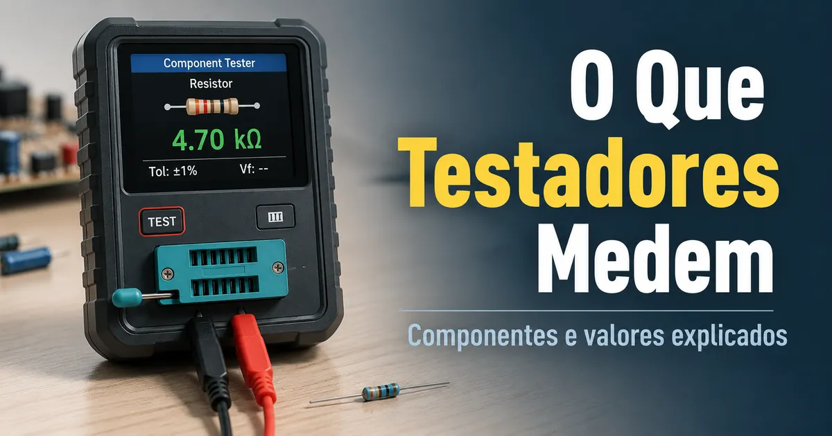 Testador de componentes eletrônicos medindo um componente solto e exibindo valores na tela