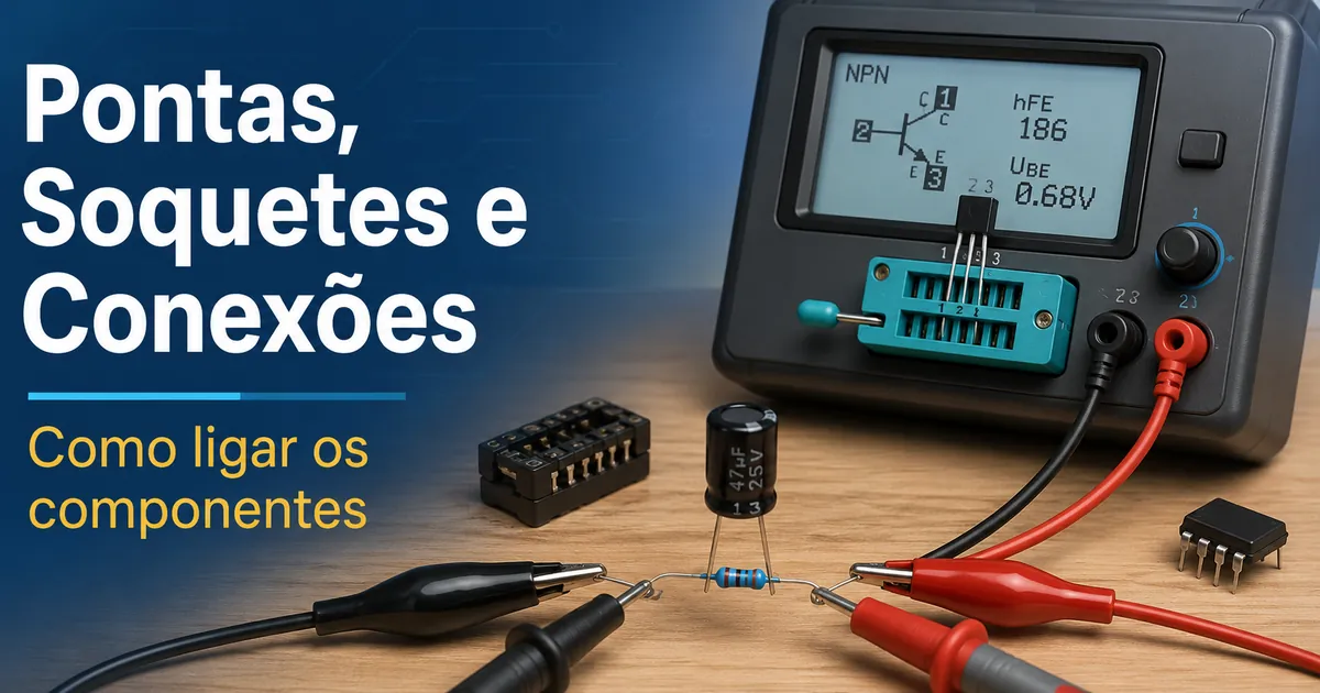 Testador de componentes eletrônicos com pontas de prova, clipes, soquetes e terminais conectados para teste