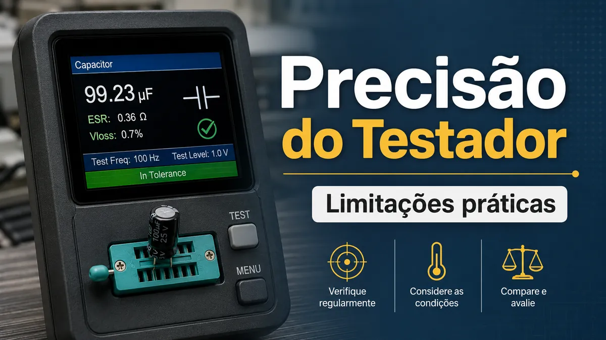 Tela de um testador de componentes eletrônicos mostrando valores medidos durante uma verificação de precisão