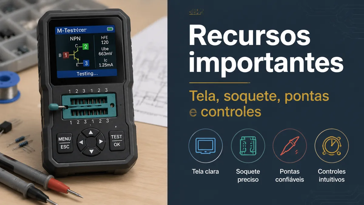 Testador de componentes eletrônicos com tela clara, área de soquete, pontas de prova e controles de função