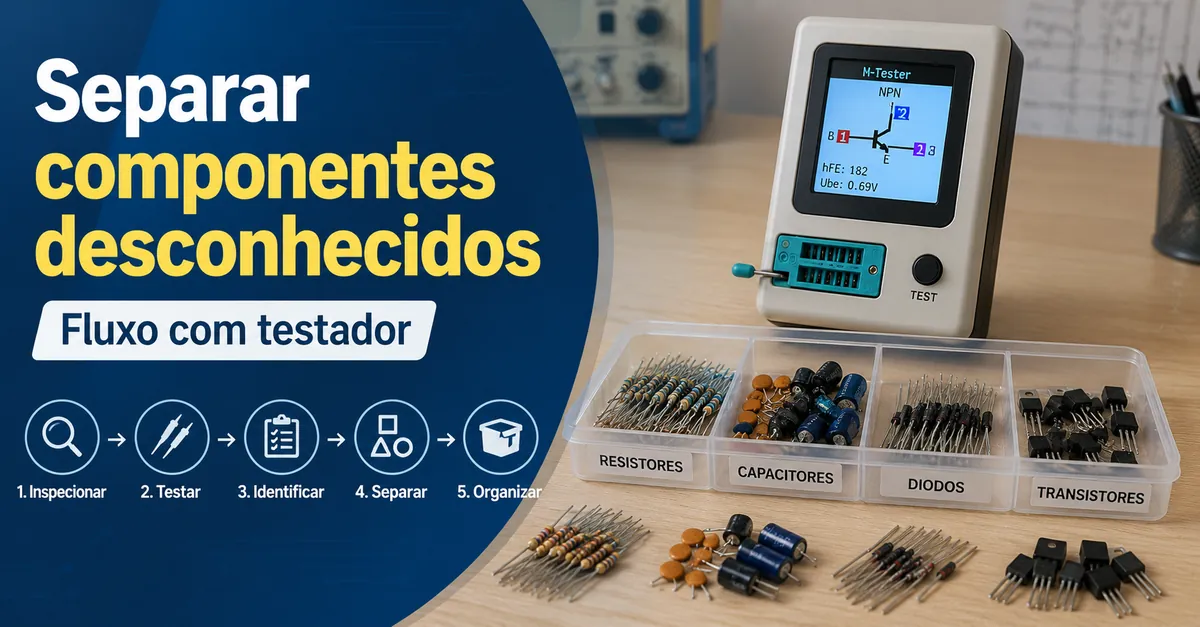 Resistores, capacitores, diodos e transistores desconhecidos separados ao lado de um testador de componentes eletrônicos