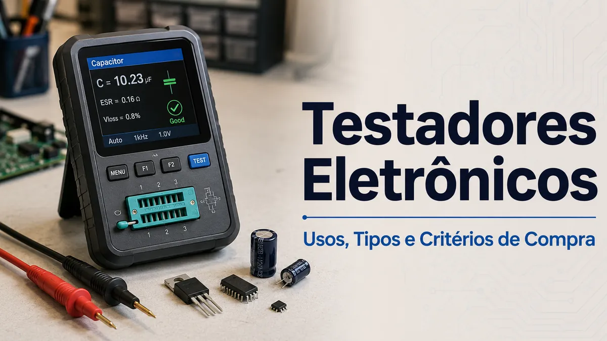 Testador de componentes eletrônicos com tela, soquete de teste, pontas de prova e pequenos componentes em uma bancada
