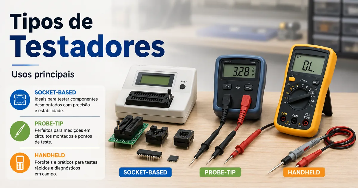 Diferentes tipos de testadores de componentes eletrônicos, incluindo modelos com soquete, com pontas de prova e portáteis