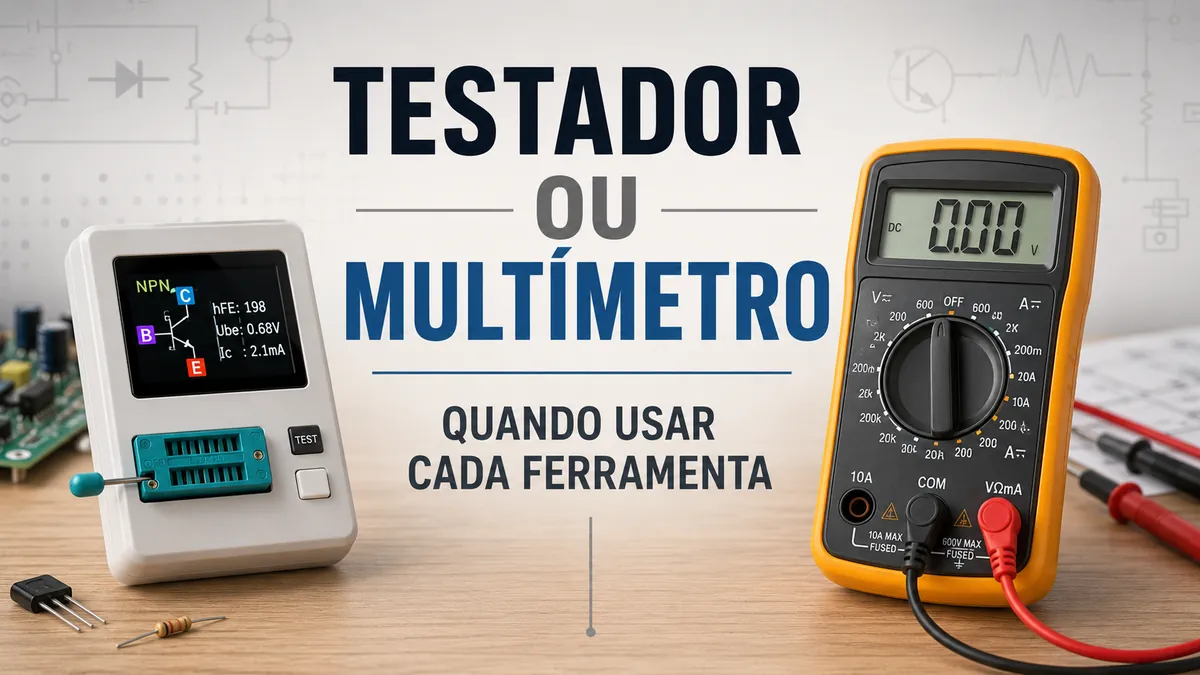 Testador de componentes eletrônicos e multímetro lado a lado para comparação de ferramentas