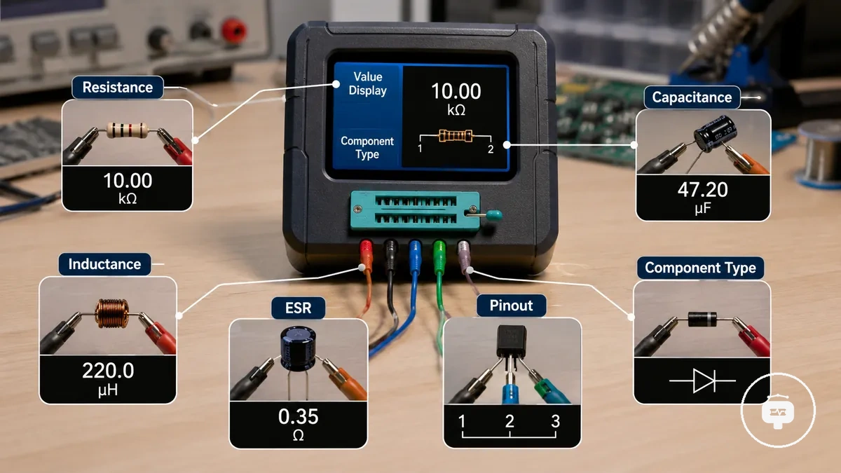 Elektronik bileşen test cihazı, desteklenen bileşen türleri için elektriksel ölçümleri gösteriyor