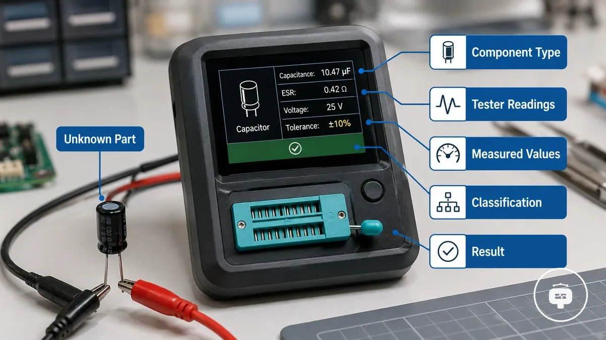 Bilinmeyen bir bileşen için tanımlama sonuçlarını gösteren elektronik bileşen test cihazı