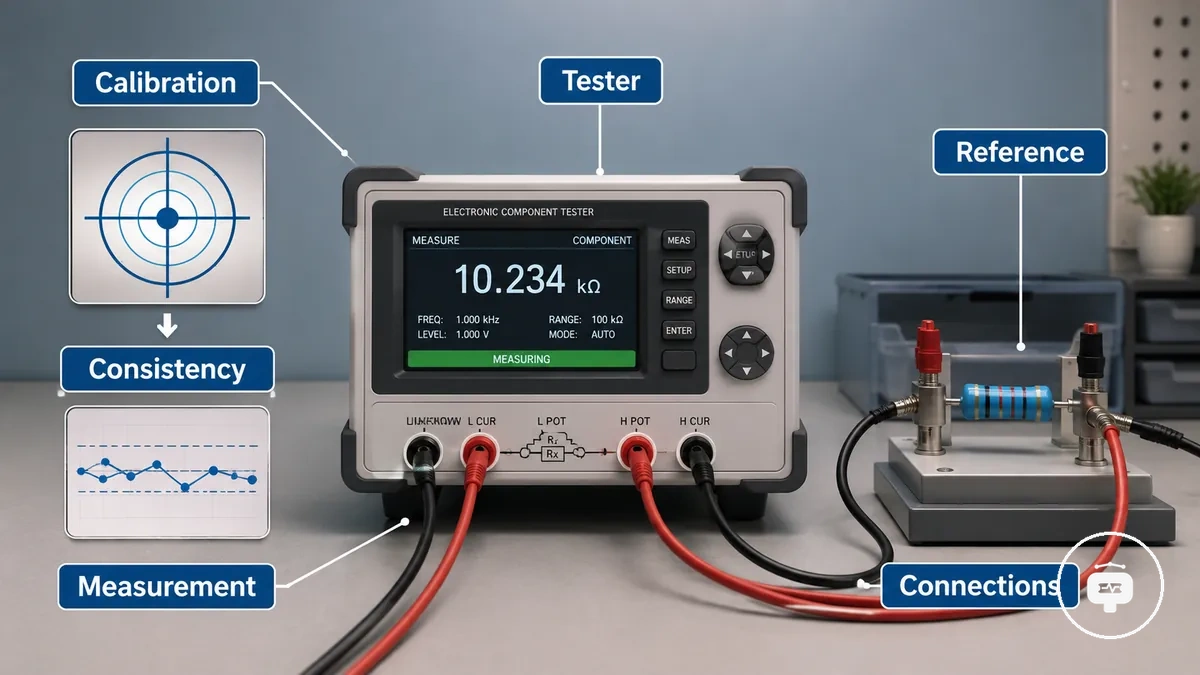 Bağlı referanslarla elektronik bileşen test cihazı kalibrasyon düzeni