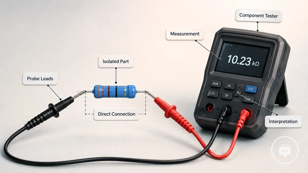Bileşen test cihazının prob uçlarıyla izole edilmiş bir elektronik bileşeni ölçmesi