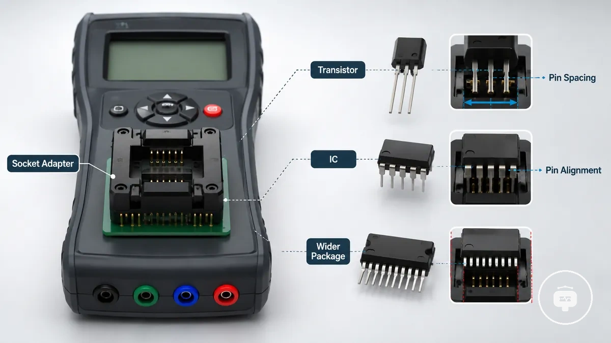 Bir transistör veya tümleşik devre paketini bir elektronik bileşen test cihazıyla hizalayan soket adaptörü