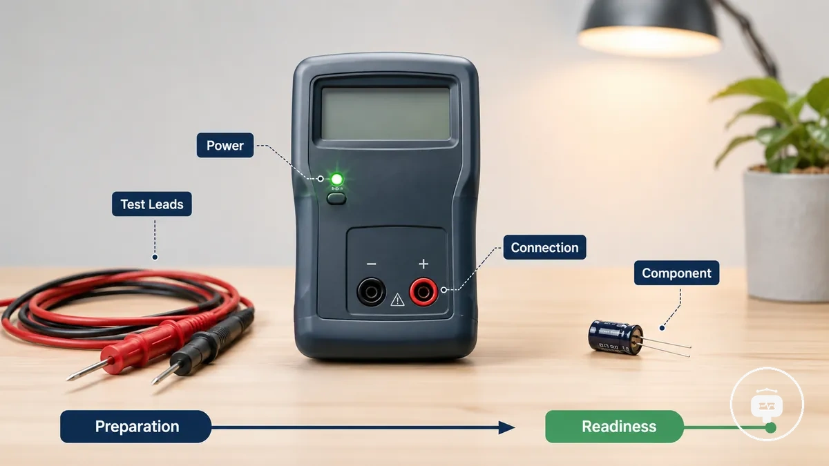 Güç göstergesi, test uçları, bileşen ve bağlantı alanı ile ölçüme hazır elektronik bileşen test cihazı