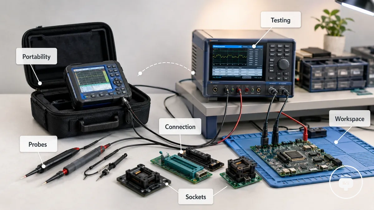 Problar, soketler ve çalışma alanı düzeni ile birlikte elektronik bileşen test cihazı