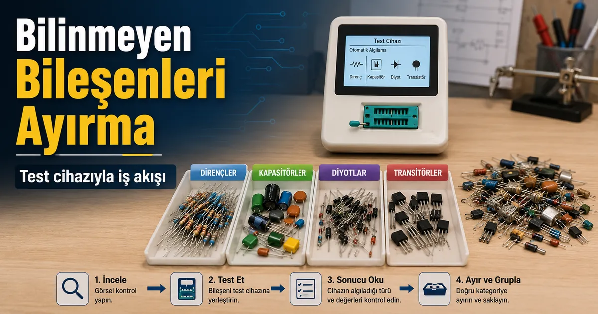Elektronik bileşen test cihazının yanında ayrılmış bilinmeyen dirençler, kapasitörler, diyotlar ve transistörler