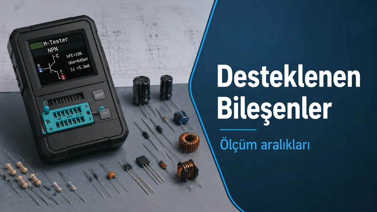 Yakınında dirençler, kapasitörler, diyotlar, transistörler ve indüktörler bulunan elektronik bileşen test cihazı