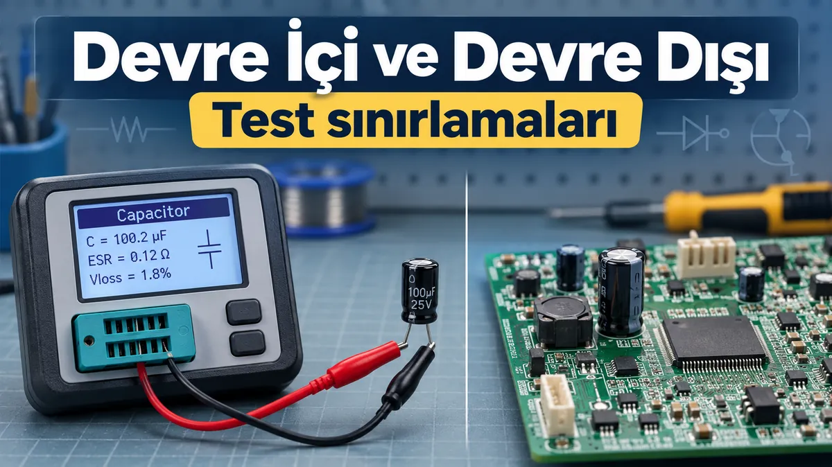 Test karşılaştırması için devre kartı yanında tek bir bileşene bağlı elektronik bileşen test cihazı