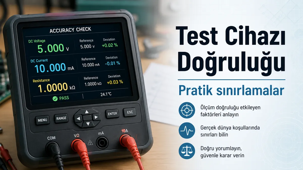 Doğruluk kontrolü sırasında ölçülen değerleri gösteren elektronik bileşen test cihazı ekranı