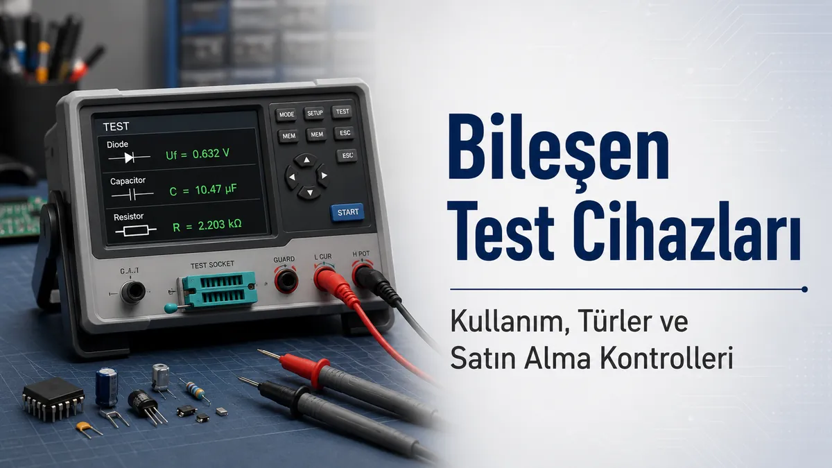 Ekranlı, test soketli, problu ve küçük elektronik bileşenlerle birlikte çalışma tezgahında duran elektronik bileşen test cihazı