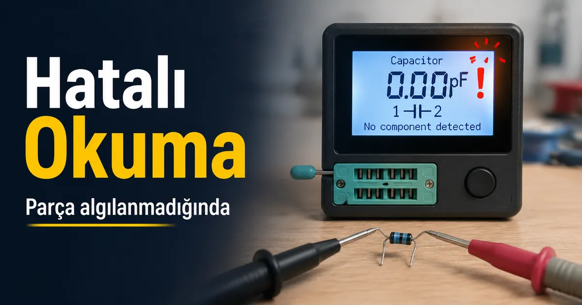 Küçük bir elektronik parçayı test ederken beklenmeyen okuma gösteren elektronik bileşen test cihazı