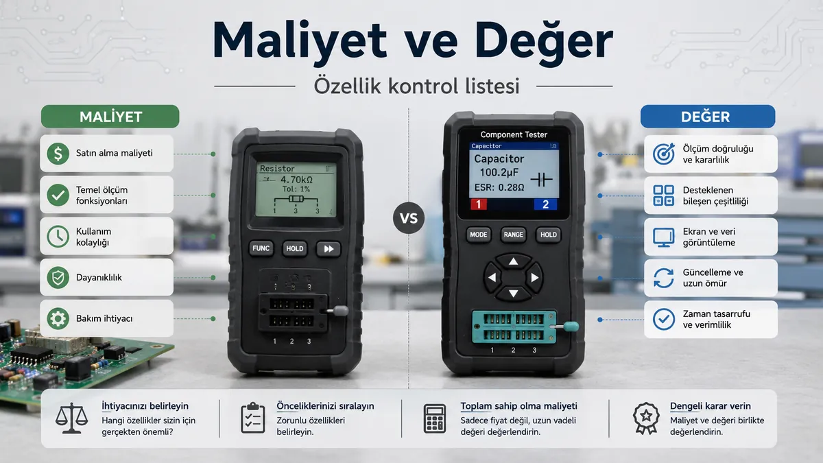 Maliyet ve değer karşılaştırması için özellik etiketleriyle düzenlenmiş elektronik bileşen test cihazları