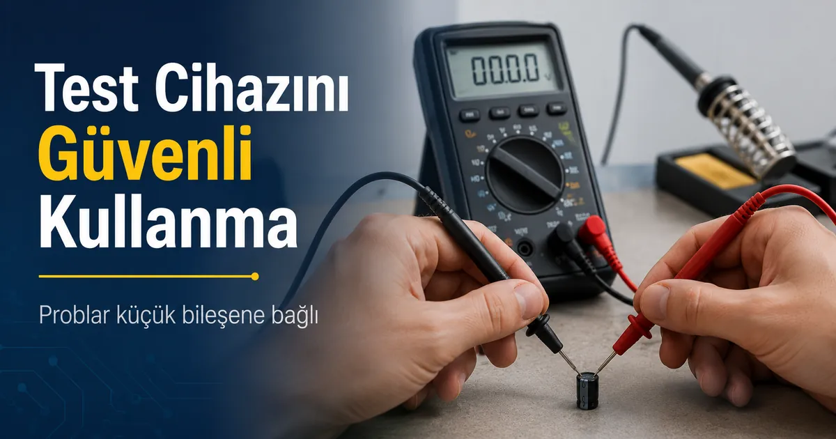 Küçük bir bileşene bağlı problarla elektronik bileşen test cihazı kullanan eller