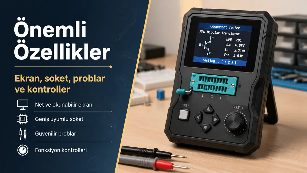 Net ekranı, soket alanı, probları ve işlev kontrolleri görünen elektronik bileşen test cihazı