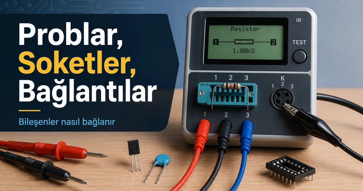 Test için bağlı problar, klipsler, soketler ve bileşen uçları bulunan elektronik bileşen test cihazı