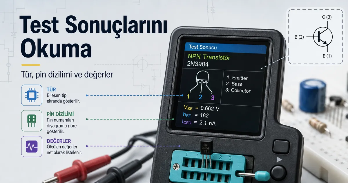 Bileşen türünü, pin dizilimini ve ölçülen değerleri gösteren elektronik bileşen test cihazı ekranı