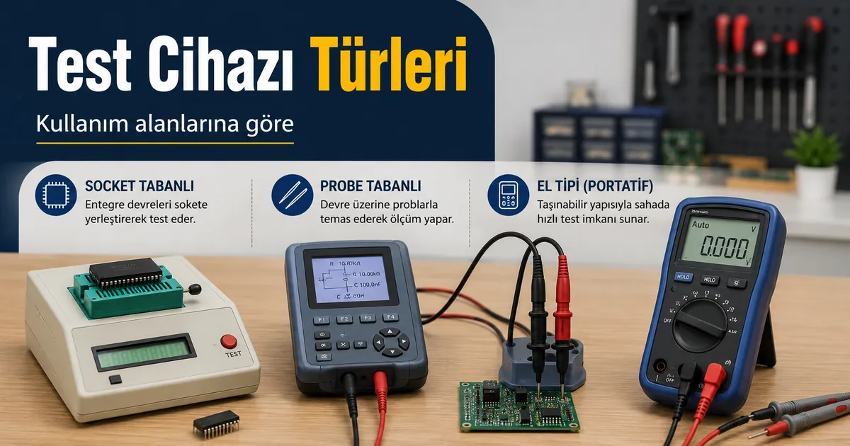 Soketli, problu ve elde taşınabilir modeller dahil farklı elektronik bileşen test cihazı türleri