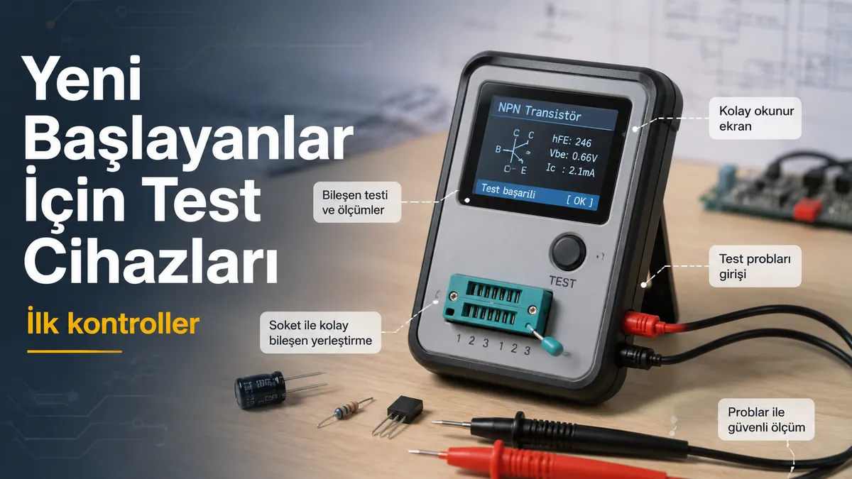 Probları, soketi ve ekranı işaretlenmiş yeni başlayanlara uygun elektronik bileşen test cihazı