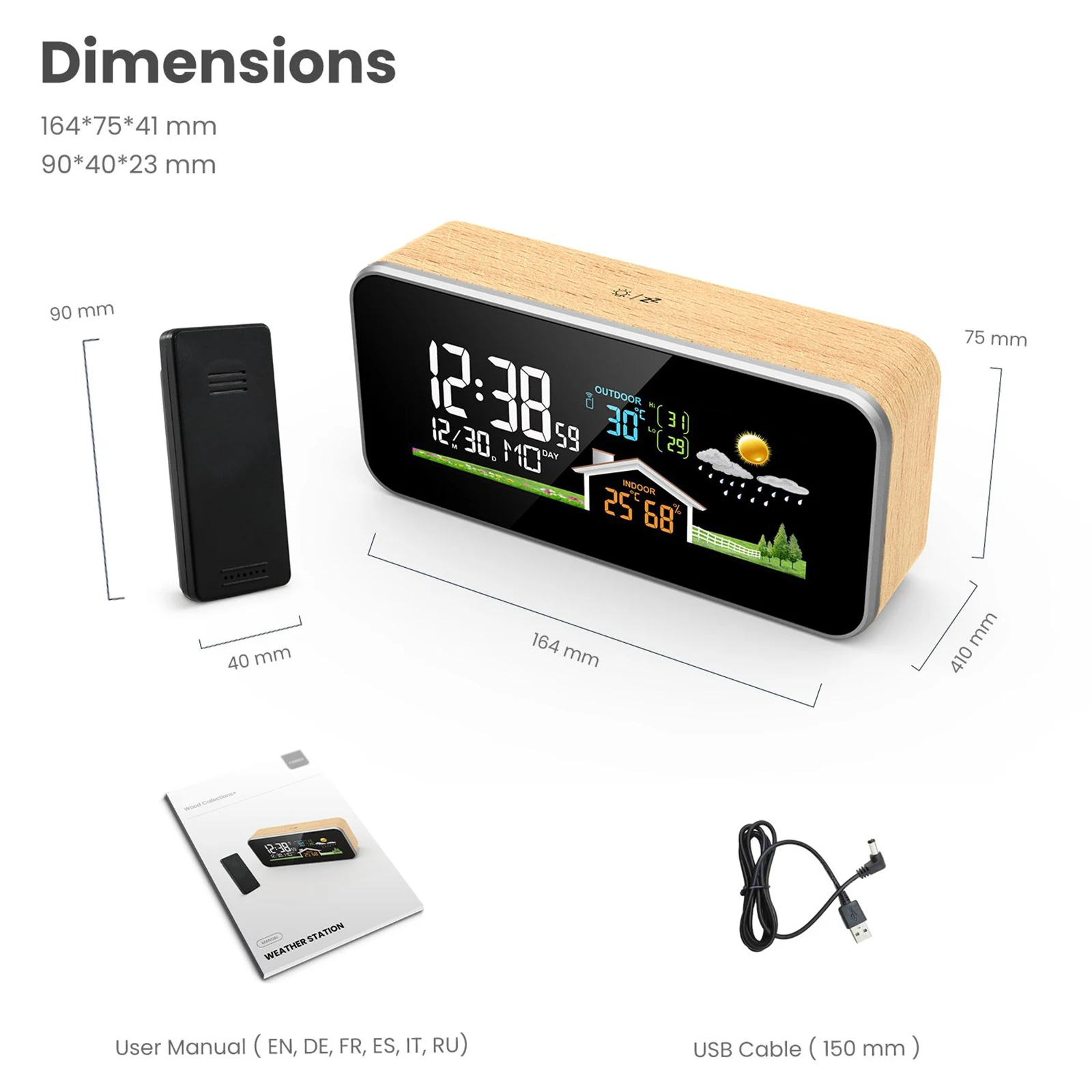 Station Météo Sans Fil Design Bois - Thermomètre Hygromètre Numérique Avec Capteur Externe - Réveil Et Horloge Intérieure
