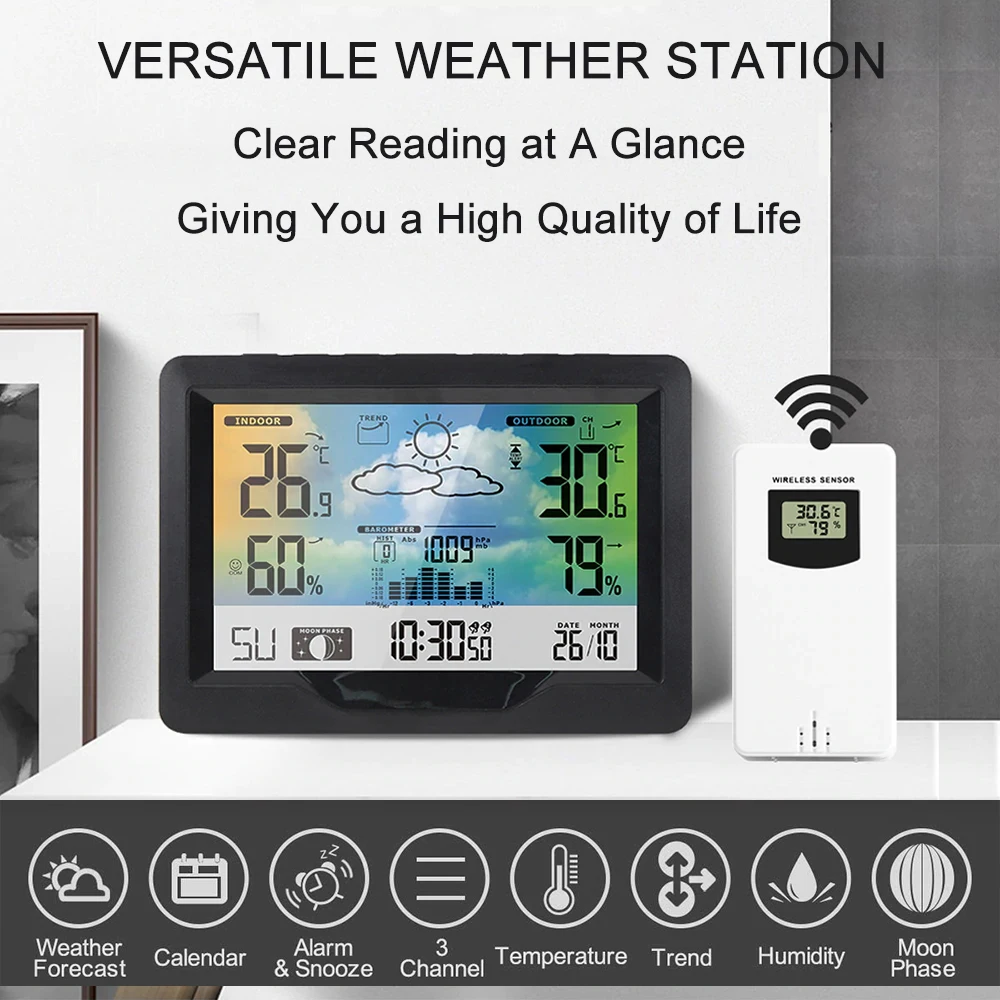 Station Météo 7 En 1 Avec écran Couleur 7,5" - Prévisions 4 Jours, Capteur Extérieur 100 M - Température, Humidité, Pression, Phases Lunaires - Blanc