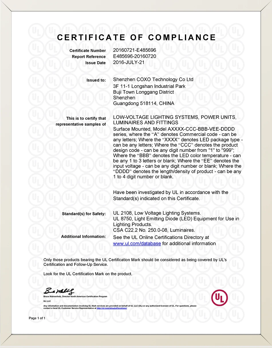 Certificat de conformité UL