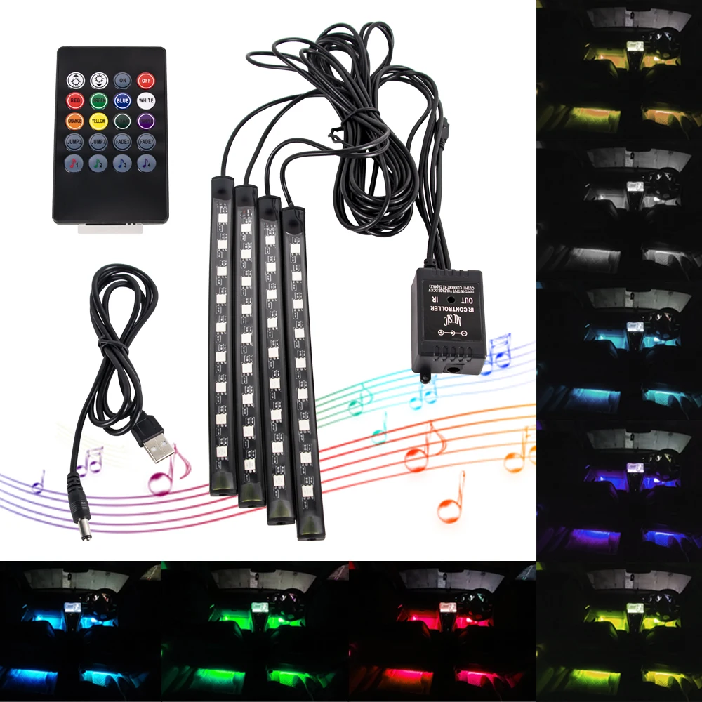 Kit éclairage LED Intérieur Voiture - 4 Bandes RGB Avec Télécommande - USB, 8 Couleurs, Modes Musicaux